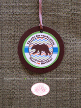 Load image into Gallery viewer, Grizzly Bear Birthday Party Favor Tags Chevron Stripe Paw Print Camping Wild Zoo Forest Woodland Boy Girl Boogie Bear Invitations Nico Theme