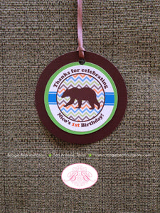 Grizzly Bear Birthday Party Favor Tags Chevron Stripe Paw Print Camping Wild Zoo Forest Woodland Boy Girl Boogie Bear Invitations Nico Theme