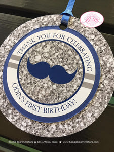Mr. Wonderful Party Favor Tags Birthday Pennant Thank You Gift 1st ONE Onederful Bow Tie Navy Blue Silver Boogie Bear Invitations Odin Theme