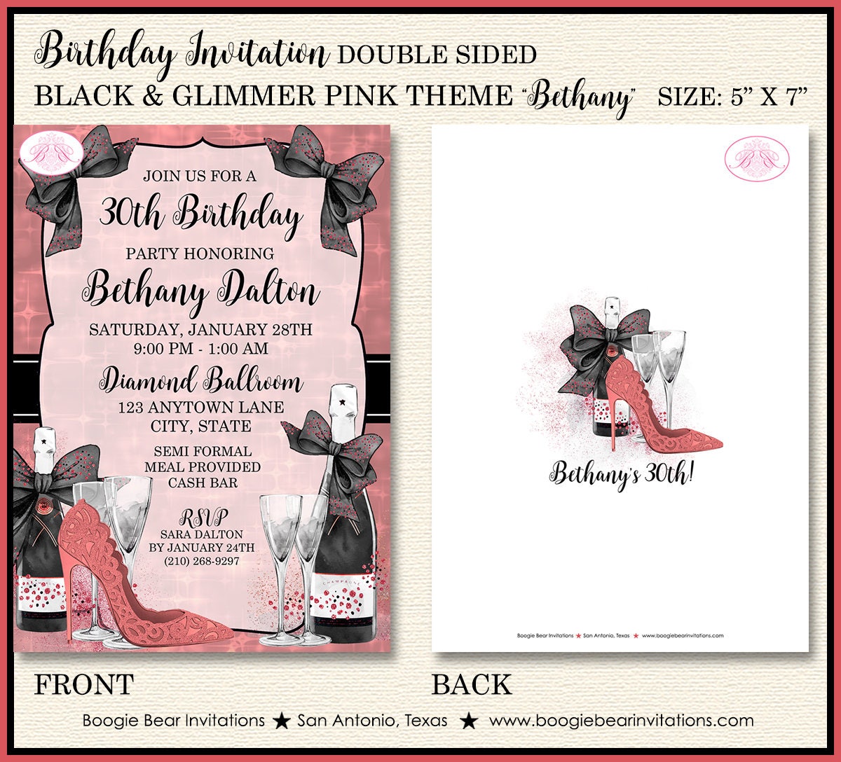 Pink Rose Gold Modern Birthday Party Invitation Champagne Bokeh Red Formal Boogie Bear Invitations Bethany Theme Paperless Printable Printed