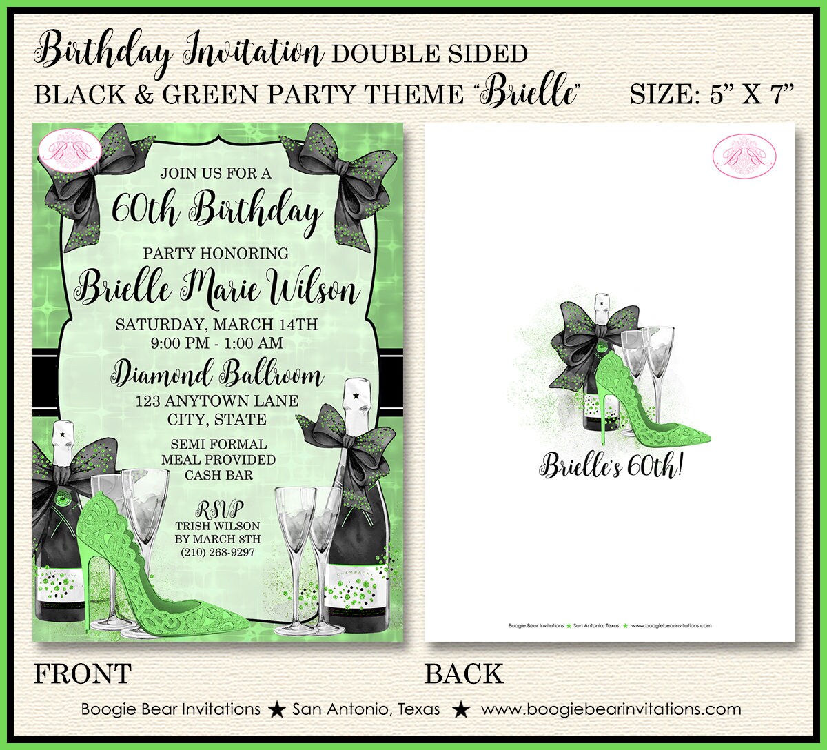Black & Green Modern Birthday Party Invitation Lucky Fashionista Shop Chic Boogie Bear Invitations Brielle Theme Paperless Printable Printed