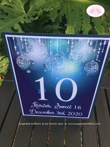 Blue Glowing Ornaments Table Number Sign Card Birthday Party Sweet 16 Winter Christmas Elegant Formal Boogie Bear Invitations Krista Theme