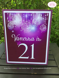 Purple Glowing Ornaments Table Number Sign Card Birthday Party Sweet 16 Winter Christmas Formal Dinner Boogie Bear Invitations Juliet Theme