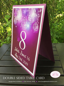 Purple Glowing Ornaments Table Number Sign Card Birthday Party Sweet 16 Winter Christmas Formal Dinner Boogie Bear Invitations Juliet Theme