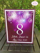 Load image into Gallery viewer, Purple Glowing Ornaments Table Number Sign Card Birthday Party Sweet 16 Winter Christmas Formal Dinner Boogie Bear Invitations Juliet Theme