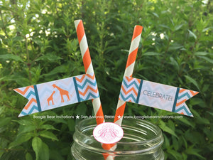 Orange Teal Giraffe Baby Shower Pennant Paper Straws Chevron Turquoise Zoo Party Aqua Blue Wild Boogie Bear Invitations Kelly Theme Printed