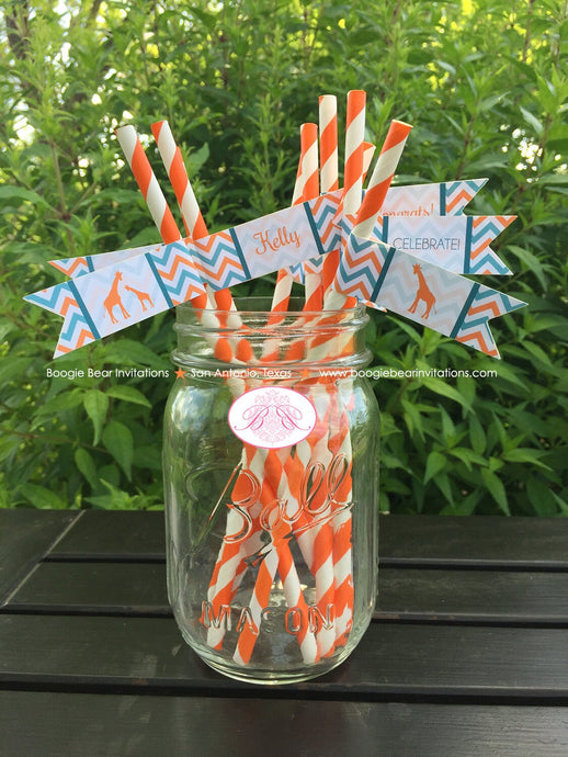 Orange Teal Giraffe Baby Shower Pennant Paper Straws Chevron Turquoise Zoo Party Aqua Blue Wild Boogie Bear Invitations Kelly Theme Printed