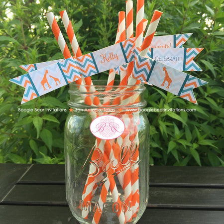 Orange Teal Giraffe Baby Shower Pennant Paper Straws Chevron Turquoise Zoo Party Aqua Blue Wild Boogie Bear Invitations Kelly Theme Printed