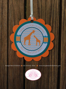 Orange Teal Giraffe Baby Shower Favor Tags Reveal Chevron Zoo Safari Party Turquoise Aqua Blue Boogie Bear Invitations Kelly Theme Printed