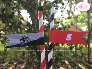 Monster Truck Birthday Party Paper Straws Red Black Race Pennant Smash Up Show Demo Arena Racing Modern Boogie Bear Invitations Juan Theme