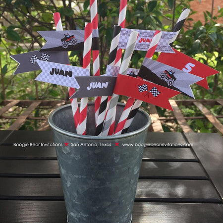 Monster Truck Birthday Party Paper Straws Red Black Race Pennant Smash Up Show Demo Arena Racing Modern Boogie Bear Invitations Juan Theme