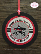 Load image into Gallery viewer, Monster Truck Birthday Party Favor Tags Red Black Grey Gray Race Jump Smash Up Show Arena Demo Racing Boogie Bear Invitations Juan Theme