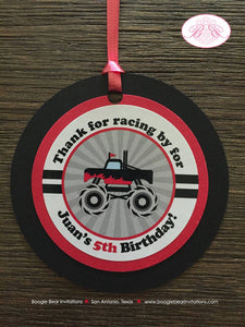 Monster Truck Birthday Party Favor Tags Red Black Grey Gray Race Jump Smash Up Show Arena Demo Racing Boogie Bear Invitations Juan Theme