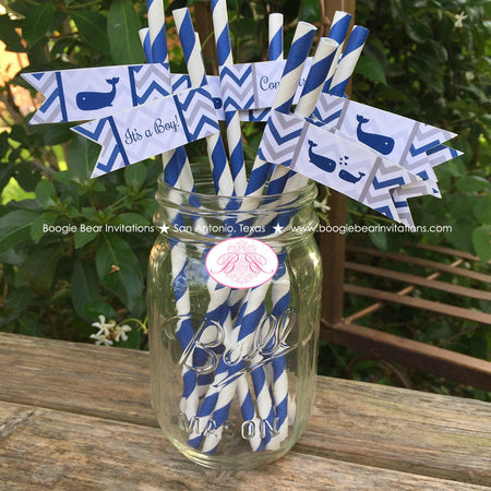 Navy Blue Whale Baby Shower Pennant Straws Paper Chevron White Valentine's Day Drink Beverage Buffet Boogie Bear Invitations Kristy Theme