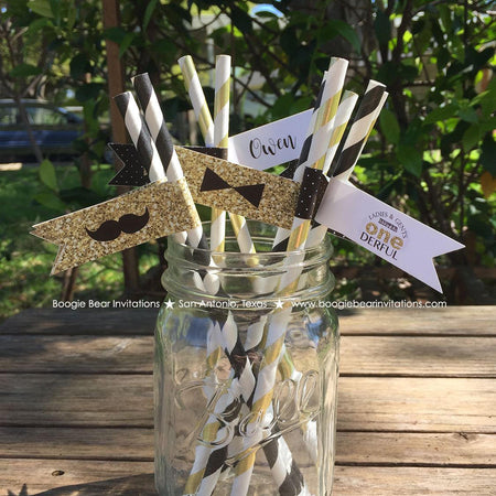 Mr. Wonderful Birthday Party Pennant Paper Straws 1st ONE Onederful Bow Tie Black White Gold Beverage Boogie Bear Invitations Owen Theme