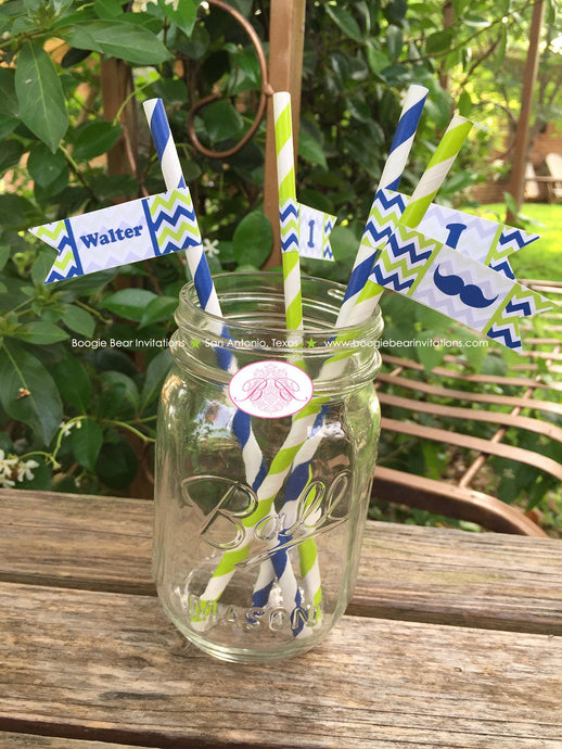 Mustache Birthday Party Paper Straws Beverage Lime Green Navy Blue Chevron Little Man Dashing Formal Boogie Bear Invitations Walter Theme