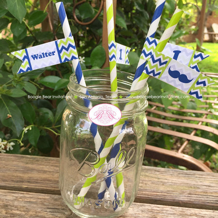 Mustache Birthday Party Paper Straws Beverage Lime Green Navy Blue Chevron Little Man Dashing Formal Boogie Bear Invitations Walter Theme
