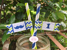 Load image into Gallery viewer, Mustache Birthday Party Paper Straws Beverage Lime Green Navy Blue Chevron Little Man Dashing Formal Boogie Bear Invitations Walter Theme