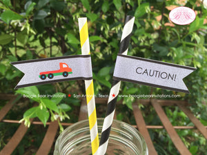 Construction Vehicles Birthday Party Straws Paper Pennant Beverage Drink Yellow Black Caution Truck Boogie Bear Invitations Russell Theme
