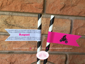 Dirt Bike Birthday Party Paper Straws Girl Pennant Pink Lime Green Black Enduro Motocross Modern Sports Boogie Bear Invitations Raquel Theme