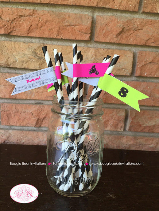 Dirt Bike Birthday Party Paper Straws Girl Pennant Pink Lime Green Black Enduro Motocross Modern Sports Boogie Bear Invitations Raquel Theme