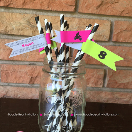 Dirt Bike Birthday Party Paper Straws Girl Pennant Pink Lime Green Black Enduro Motocross Modern Sports Boogie Bear Invitations Raquel Theme
