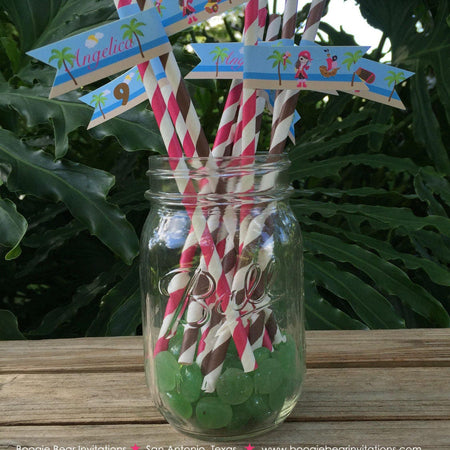 Pink Pirate Birthday Party Paper Straws Pennant Girl Ocean Ship Buried Treasure Hunt Boat Hawaii Swim Boogie Bear Invitations Angelica Theme