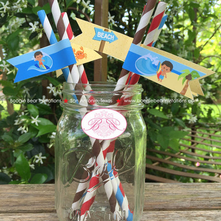 Surfer Boy Birthday Party Paper Pennant Straws Beverage Swimming Beach Surfing Surf Pool Swim Wave Luau Boogie Bear Invitations Kimoni Theme