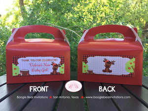 Little Moose Baby Shower Treat Boxes Birthday Party Red Forest Woodland Animal Calf Plaid Boy Girl 1st Boogie Bear Invitations Valerie Theme