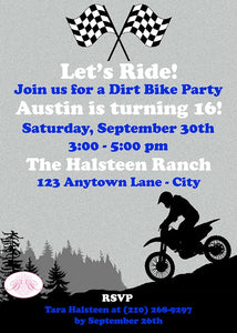 Dirt Bike Birthday Party Invitation Blue Grey Black Girl Boy Motocross Enduro Racing Race Track Boogie Bear Invitations Austin Theme Printed