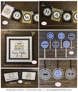 Mr. Wonderful Birthday Party Package Boy Little Man Glitter Gold Black White Onederful Banner 1st 2nd Boogie Bear Invitations Owen Theme