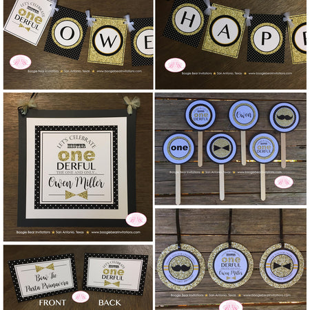 Mr. Wonderful Birthday Party Package Boy Little Man Glitter Gold Black White Onederful Banner 1st 2nd Boogie Bear Invitations Owen Theme