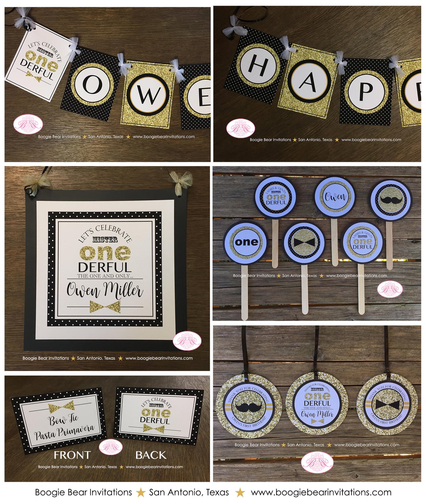 Mr. Wonderful Birthday Party Package Boy Little Man Glitter Gold Black White Onederful Banner 1st 2nd Boogie Bear Invitations Owen Theme