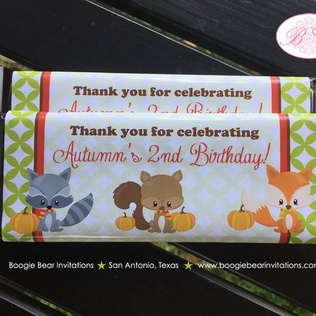 Woodland Animals Birthday Party Candy Bar Wraps Sticker Wrapper Fall Boy Girl Pumpkin Thanksgiving Boogie Bear Invitations Autumn Rae Theme