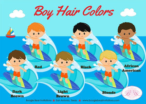 Surfer Boy Birthday Party Favor Card Tent Place Appetizer Food Sign Beach Pool Surfing Swimming Swim Boogie Bear Invitations Kimoni Theme