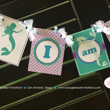Mermaid Pool I am 1 Highchair Banner Birthday Party Girl Swimming Purple Blue Teal Aqua Turquoise 1st Boogie Bear Invitations Andrina Theme