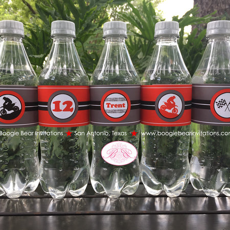Red Dirt Bike Birthday Party Bottle Wraps Wrappers Cover Enduro Motocross Race Motorcycle Racing Black Boogie Bear Invitations Trent Theme