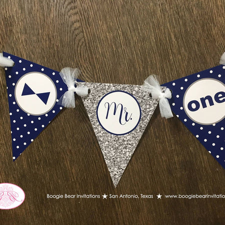 Mr. Wonderful Pennant I am 1 Banner Birthday Party Highchair Bow Tie Boy Navy Blue Silver Onederful ONE Boogie Bear Invitations Odin Theme