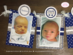 Mr. Wonderful Photo Timeline Banner 1st Onederful Birthday Bow Tie Mustache First Navy Blue Silver White Boogie Bear Invitations Odin Theme