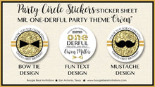 Load image into Gallery viewer, Mr Wonderful 1st Birthday Party Stickers Circle Sheet Round ONE Boy Mustache Bow Tie Onederful Black Gold Boogie Bear Invitations Owen Theme
