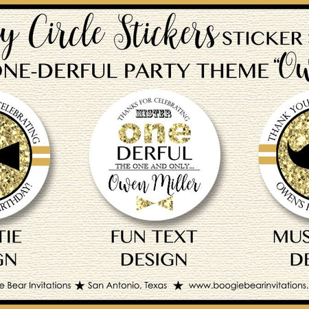 Mr Wonderful 1st Birthday Party Stickers Circle Sheet Round ONE Boy Mustache Bow Tie Onederful Black Gold Boogie Bear Invitations Owen Theme