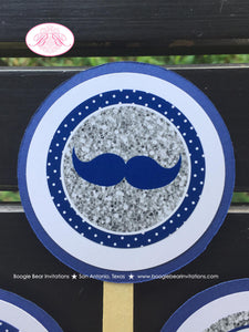 Mr. Wonderful Birthday Party Cupcake Toppers 1st ONE Onederful Little Man Bow Tie Navy Blue Silver White Boogie Bear Invitations Odin Theme