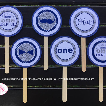 Mr. Wonderful Birthday Party Cupcake Toppers 1st ONE Onederful Little Man Bow Tie Navy Blue Silver White Boogie Bear Invitations Odin Theme