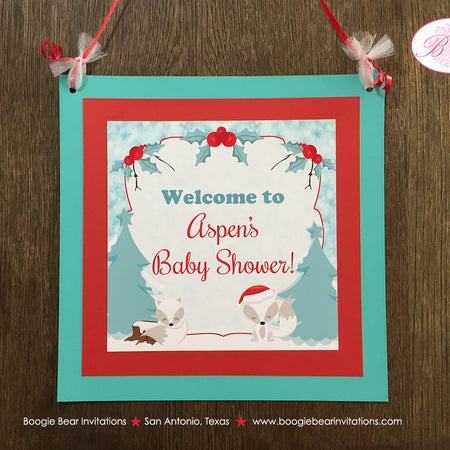 Woodland Winter Fox Baby Shower Door Banner Birthday Party Christmas Holiday Snow White Red Arctic Boogie Bear Invitations Aspen Theme
