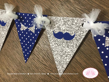 Load image into Gallery viewer, Mr. Wonderful Birthday Party Banner Pennant Garland Boy Navy Blue Silver White Onederful Bow Tie Mustache Boogie Bear Invitations Odin Theme
