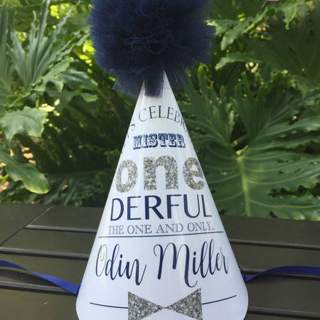 Mr. Wonderful Birthday Party Hat Onederful Boy Little Man Glitter Honoree Navy Blue Silver ONE derful 1st Boogie Bear Invitations Odin Theme