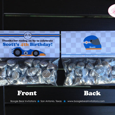 Race Car Birthday Party Treat Bag Toppers Folded Favor Orange Black Blue Racing Race Track Pit Crew Boy Boogie Bear Invitations Scott Theme