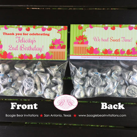 Pink Strawberry Birthday Party Treat Bag Toppers Folded Favor Girl Red Green Stripe Berry Vine Summer Boogie Bear Invitations Felicity Theme