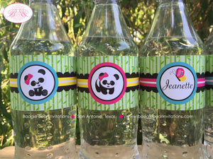 Panda Bear Birthday Party Bottle Wraps Wrappers Cover Label Girl Pink Green Blue Butterfly Flower Zoo Boogie Bear Invitations Jeanette Theme