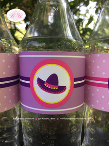 Fiesta Taco Birthday Party Bottle Wraps Wrappers Cover Label Girl Pink Purple Cinco de Mayo Mariachi Boogie Bear Invitations Mariela Theme